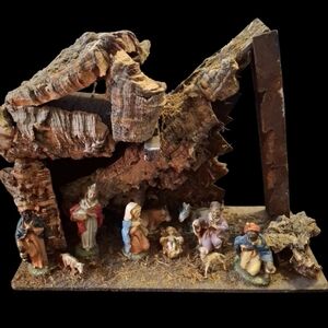 Beautiful Wooden Nativity Scene With Plastic Figurines Possibly From Italy